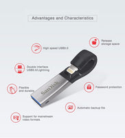 SanDisk USB Flash Drive128GB 64GB 32GB OTG USB3.0 SDIX30N Pen Drives lightning USB Stick pendrive for iPhone iPad iPod APPLE MFi