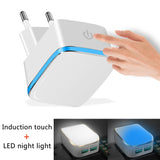 Inductive LED Light Luminous mobile phone Charger for Samsung Iphone Huawei Xiaomi switch touch Dual USB Charger 5V 2.1A Adapter