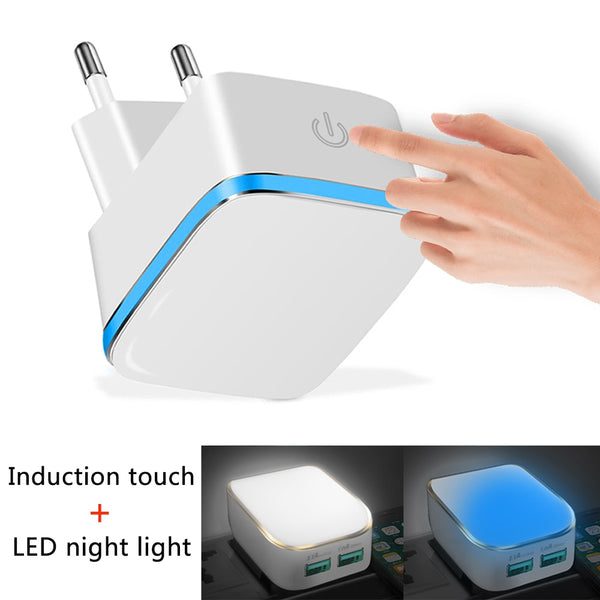 Inductive LED Light Luminous mobile phone Charger for Samsung Iphone Huawei Xiaomi switch touch Dual USB Charger 5V 2.1A Adapter