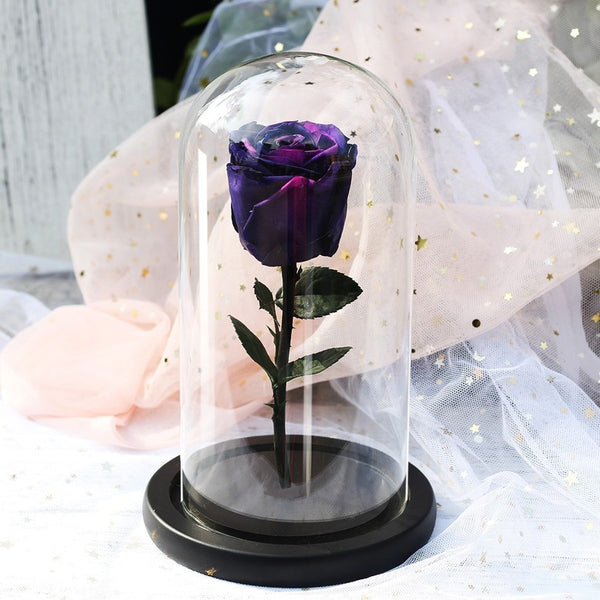 Rose bleu éternelle avec LED dans une cloche en Verre avec une base noir idéal pour un Cadeau de Dame